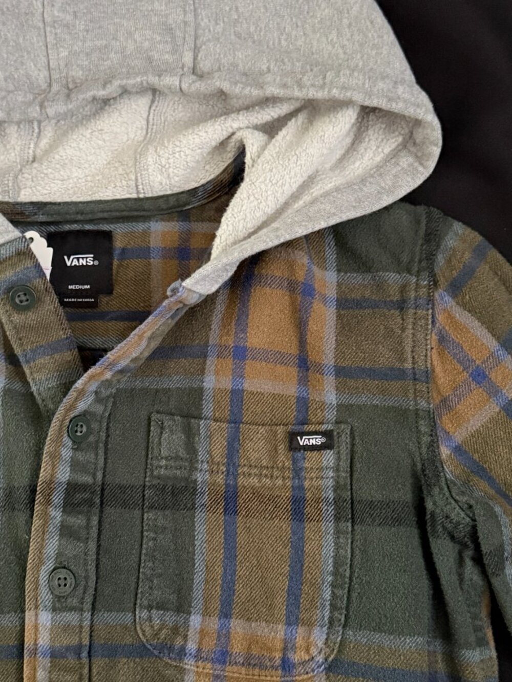 VANS Kids Heavy Flannel Shirt Sweatshirt Hooded Medium Olive green /Tan Plaid